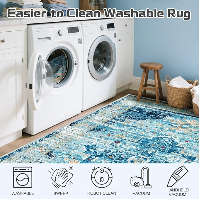 ANSSO 8x10 Rugs for Living Room, Large Washable Area Rugs with Non Slip Backing, Vintage Soft Low Pile Floor Mat Indoor for Bedroom, Dining Room Playroom Nursery (Aqua Blue)