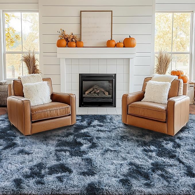 8x10 Rug for Living Room, Fuzzy Plush Large Area Rug, Fluffy Modern Shag Non Slip Soft Furry Carpet for Bedroom Kids Room Nursery Teens Dorm Home Decor, Blue Grey