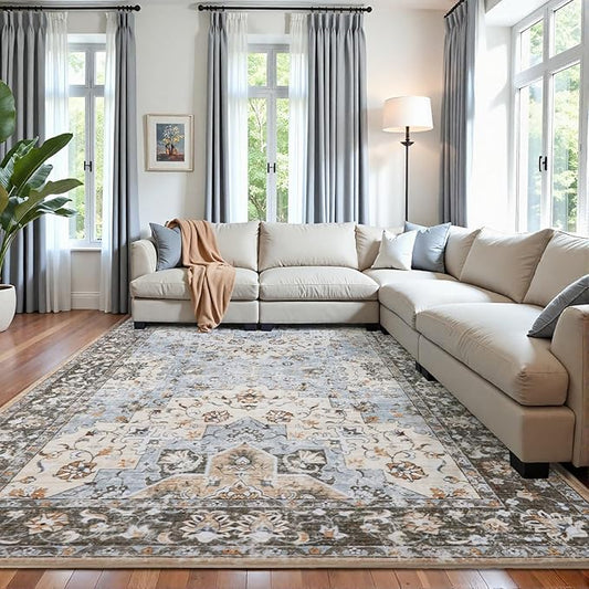 Area Rug 9x12 Machine Washable Rug Vintage Traditional Floor Cover Foldable Thin Retro Indoor Non Slip Carpet Floral Print Mat Bedroom Living Room Dining Room Office,Dahlia Blue