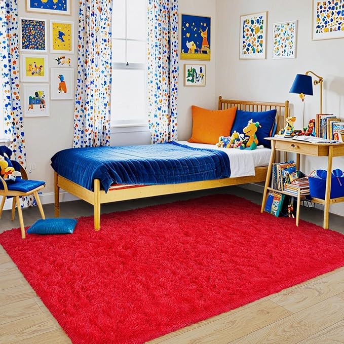 Fluffy Area Rug for Bedroom 4x6 Feet, Shag Soft Rug for Living Room, Indoor Comfy Cute Plush Bedside Carpet for Girls Boys Room Teens Dorm Nursery Decor, Red