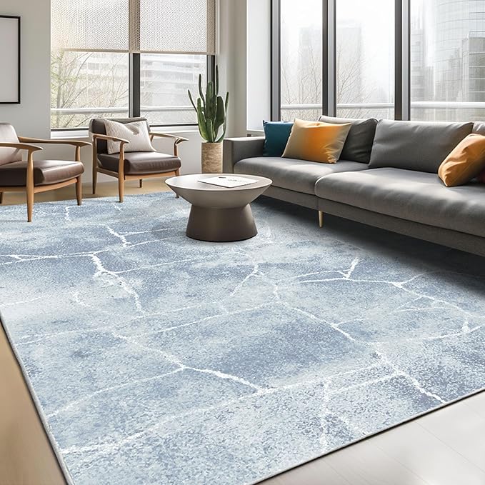 Area Rug 8x10 Machine Washable Rug Vintage Traditional Floor Cover Foldable Thin Retro Indoor Non Slip Carpet Floral Print Mat Bedroom Living Room Dining Room Office,Line Blue