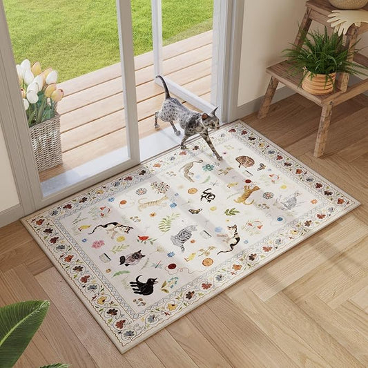 Door Mat Indoor Entrance 2x3 Rug Machine Washable Boho Floral Animal Cat Small Area Rug Non-Slip Low Pile Throw Rugs for Entryway Kitchen Front Door Indoor Entrance Entry Kids Room, Beige