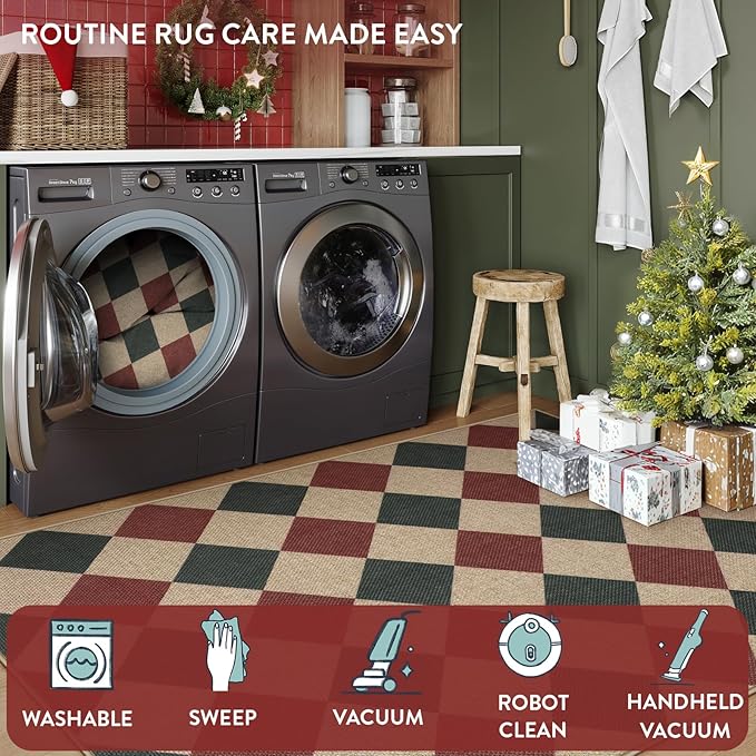 Lahome Christmas Checkered 3x5 Rug, Christmas Indoor Mats for Entryway Front Porch Indoor Outdoor Carpet, Checkerboard Green and Red Non Shedding Carpet for Patio Kitchen