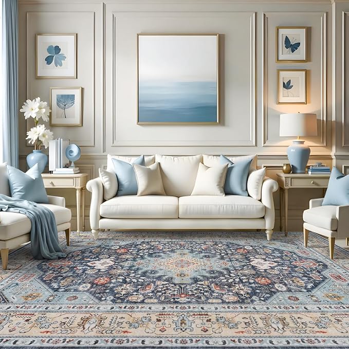 10x14 Area Rugs Living Room: Extra Large Washable Area Rug Super Soft Distressed Oriental Rugs with Non-Slip Backing Farmhouse Rug Low Pile Thin Stain Resistant Indoor Carpets 10'x14' Blue/Multi