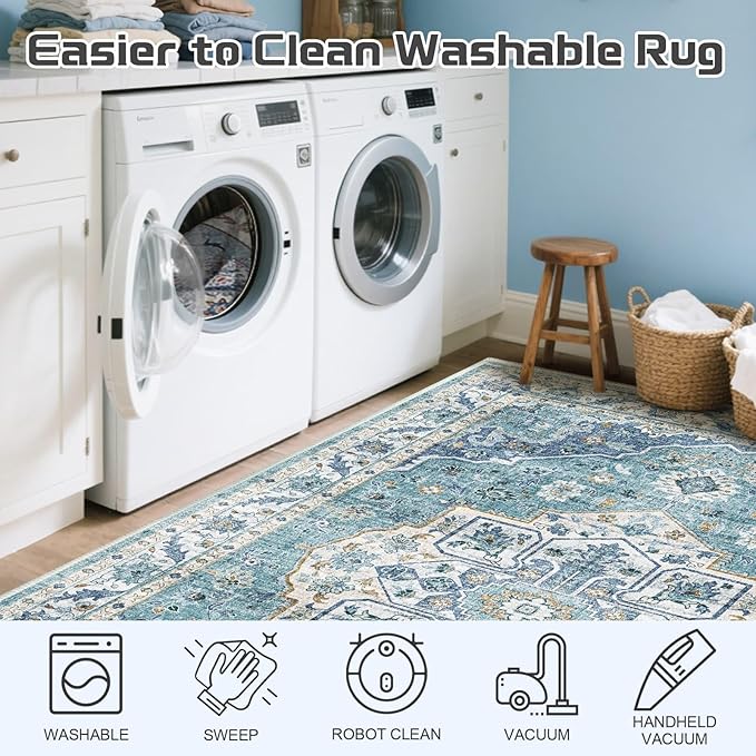 ANSSO 5x7 Area Rug for Living Room, Machine Washable Low Pile Rugs, Non-Slip Backing Vintage Carpet for Bedroom, Dining Room, Home Office Decor Turquoise Blue