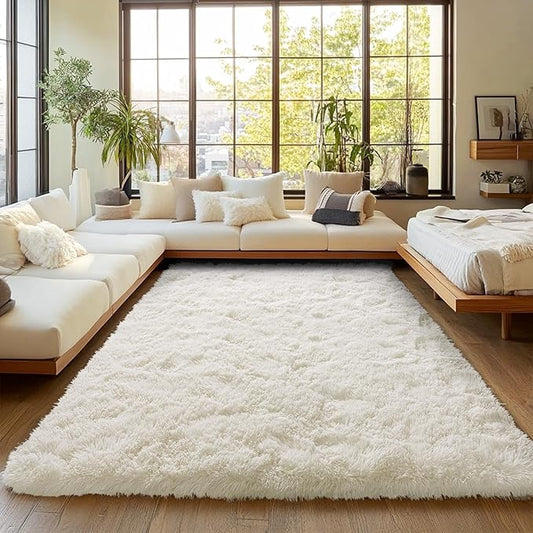 Cream White Plush Rug for Living Room Fuzzy Carpet for Bedroom Dorm, Non-Slip High Pile Rug, Shag Rug for Playroom Nursery Home Office Decor 6X9 Ft