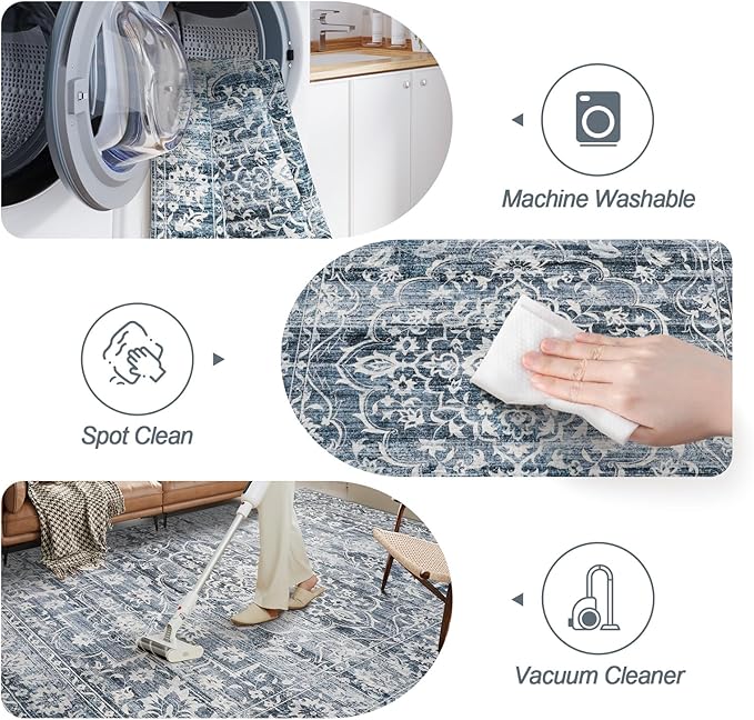 6x9 Area Rugs for Living Room, Stain Resistant Washable Rugs for Dining Room, Floral Vintage Non-Slip Thin Area Rug(Blue, 6'x9')