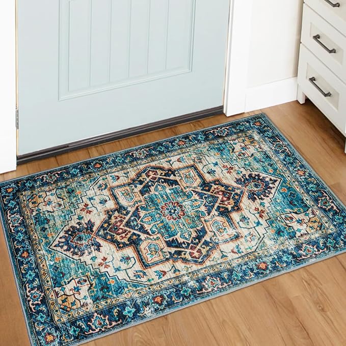2x3 Foyer Area Rug for Door Way,Gemstone Blue Washable Floor Mats,Low Pile Small Space Thin Carpet for Entryway,Mini Entry Throw Rugs with Rubber Backing,Non-Slip Indoor Entrance Dog Door Mat