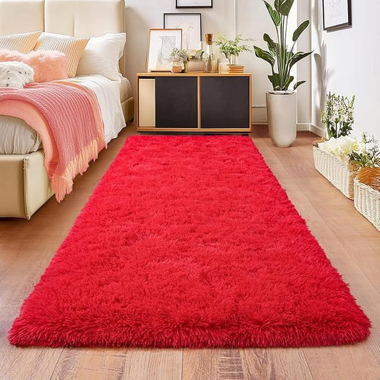 Red Runner Rug for Hallway, Bedroom Bedside Plush Rugs, Non Slip Fluffy Shaggy Carpet for Kids Home Decor, Dorm Nursery 2x6 Ft