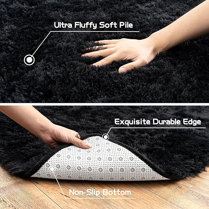8x10 Rug for Living Room, Fuzzy Plush Large Area Rug, Fluffy Modern Shag Non Slip Soft Furry Carpet for Bedroom Kids Room Nursery Teens Dorm Home Decor, Black