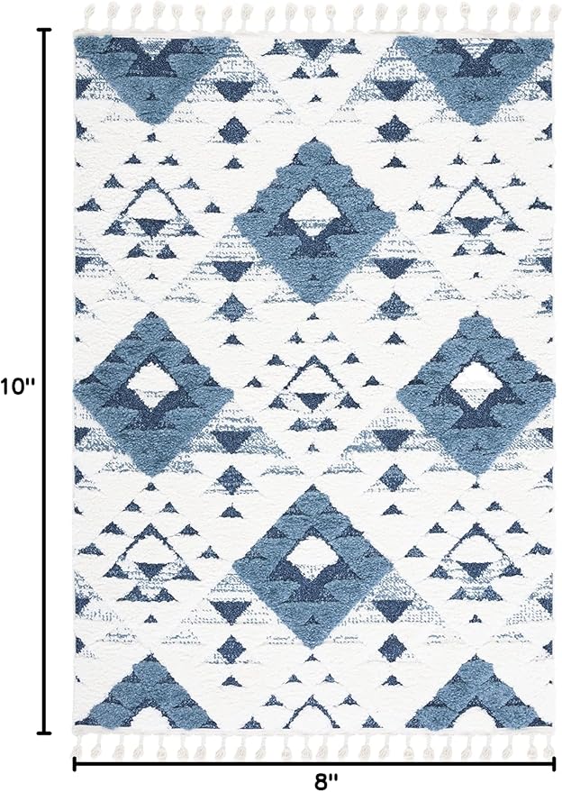 SAFAVIEH Area Rug 8x10 - Moroccan Tassel Shag Collection - Large - Blue & Ivory, Boho Design, Non-Shedding & Easy Cleaning, Plush Pile, Ideal for Living Room, Bedroom, Dining Space (MTS688M)