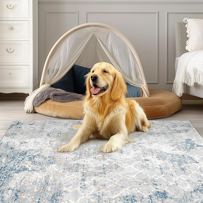 Area Rug 3x5 Machine Washable Rug Vintage Traditional Floor Cover Foldable Thin Retro Indoor Non Slip Carpet Floral Print Mat Bedroom Living Room Dining Room Office,Hidden Pattern Blue