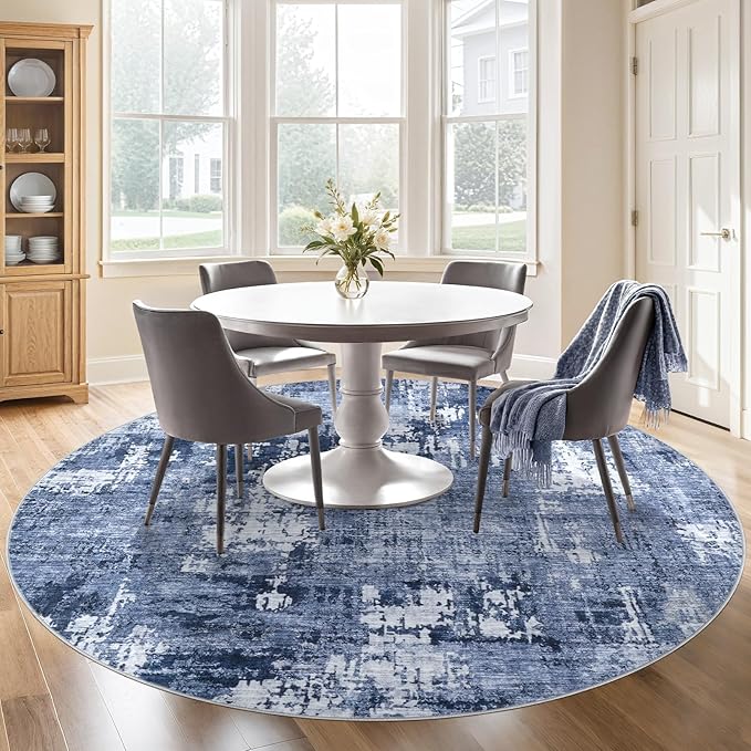 8ft Round Area Rug Living Room Rugs - 8x8 Washable Large Soft Indoor Neutral Modern Abstract Low Pile Rug Carpet for Bedroom Dining Room Farmhouse Home Office - Navy Blue