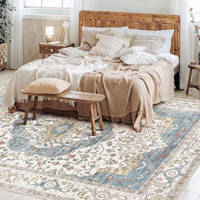 Area Rug for Living Room - 5x7 Soft Washable Oriental Vintage Floral Distressed Large Carpet - Fade Stain Resistant Non Slip Rugs for Bedroom Dining Room Nursery Dorm Office Home Decor - Blue/Beige