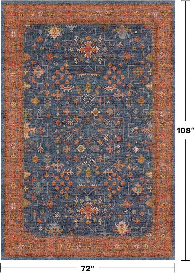 6x9 Dining Room Rugs for Under Table - Washable Area Rug for Living Room, Low Pile Non-Slip Rugs for Bedroom - Navy Blue & Terracotta Vintage Boho Eclectic Home Decor