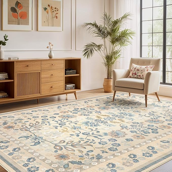 5x7 Area Rug Living Room Rugs Thickened - Washable Boho Vintage Floral Large Soft Non Slip Thin Rug Low Pile Carpet for Bedroom Dining Room Kids Playroom Office Decor Indoor- Multi Color