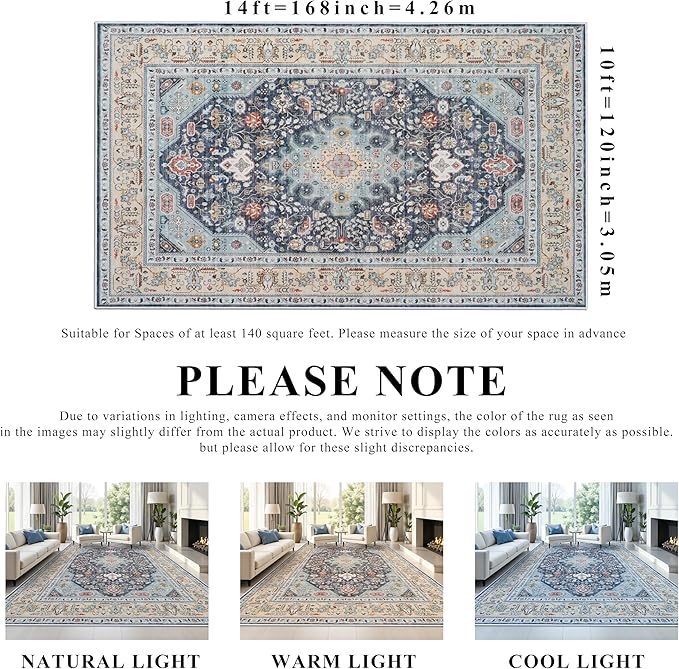 10x14 Area Rugs Living Room: Extra Large Washable Area Rug Super Soft Distressed Oriental Rugs with Non-Slip Backing Farmhouse Rug Low Pile Thin Stain Resistant Indoor Carpets 10'x14' Blue/Multi