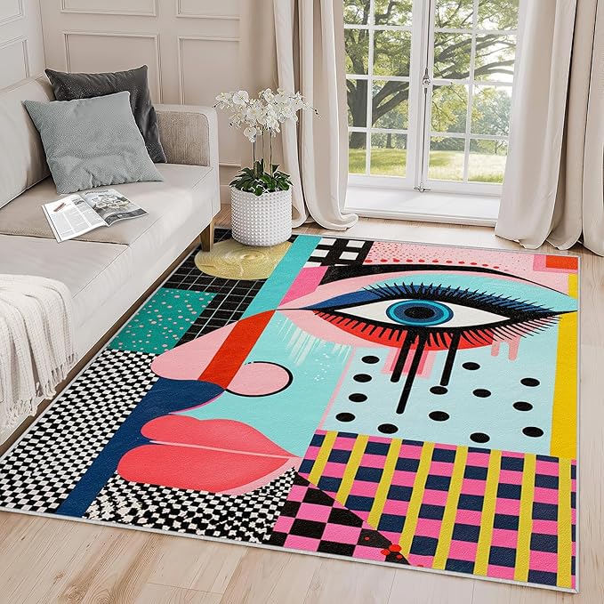 Abstract Rugs for Living Room 8x10 - Abstract Rug, 4x5 Rug, Geometric Multicolor Pop Art Area Rug, Colorful Funky Artistic Carpet, Washable & Non Slip & Soft Large Rugs, Home Decor Gifts