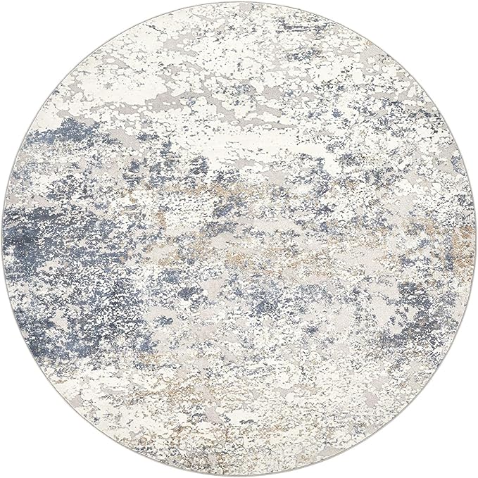 5ft Round Area Rug Living Room Rugs - 5x5 Washable Large Soft Indoor Neutral Modern Abstract Low Pile Rug Carpet for Bedroom Dining Room Farmhouse Home Office - Beige Blue