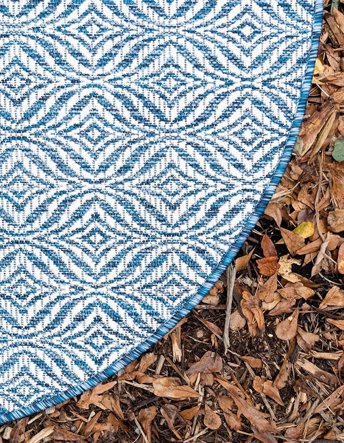 Unique Loom Outdoor Trellis Collection Area Rug - Deco Trellis (4' 1" Round, Blue/ Ivory)