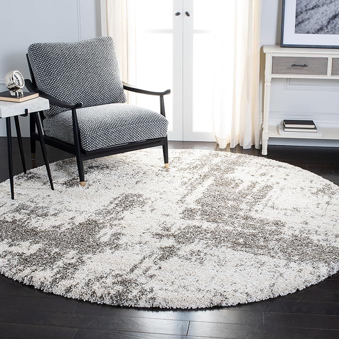 SAFAVIEH Hudson Shag Collection 7' Round Ivory/Grey SGH205A Modern Abstract Non-Shedding Living Room Bedroom Dining Room Entryway Plush 2-inch Thick Area Rug