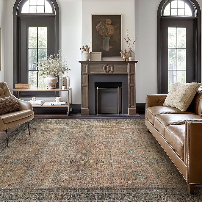 2X5 Area Rugs Machine Washable Rugs for Living Room, Vintage Boho Large Rugs for Bedroom Dining Room, Non Slip Indoor Soft Distressed Lightweight Thin Low Pile Carpet, Vintage Sunset