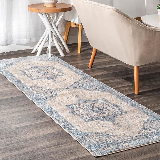 nuLOOM Harriet Vintage Medallion Fringe Area Rug - 2x6 Runner Rug Traditional Light Blue/Multicolor Rugs for Living Room Bedroom Dining Room Entryway Hallway Kitchen