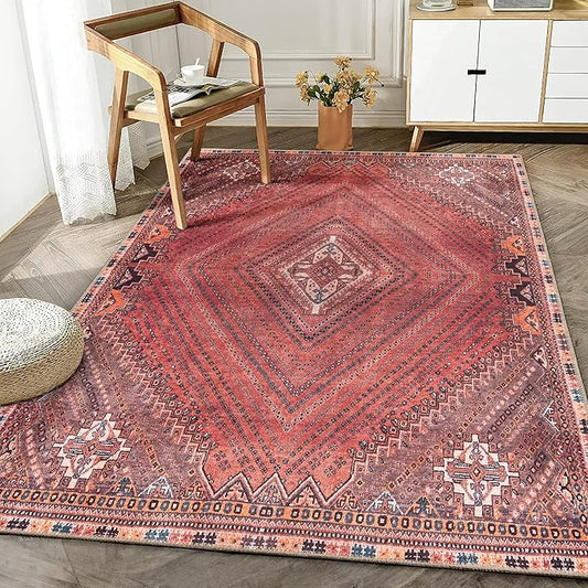 Bloom Rugs Washable Non-Slip 6' x 9' Rug - Red/Multicolor Traditional Bordered Area Rug for Living Room, Bedroom, Dining Room, and Kitchen - Exact Size: 6' x 9'