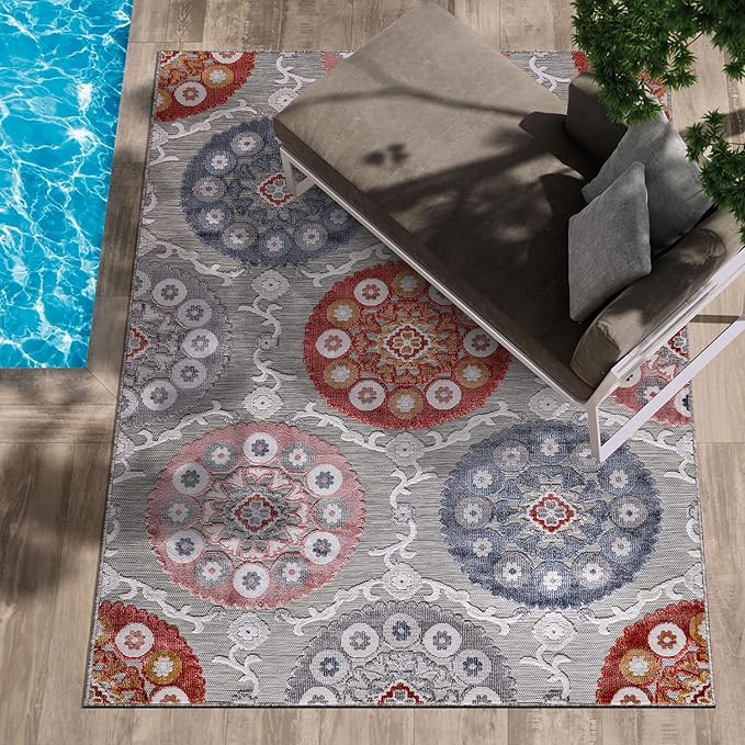 CAMILSON Indoor Outdoor Rug 10x14 Bohemian Medallion Floral Area Rugs for Indoor and Outdoor Patios Easy-Cleaning Non-Shedding Living Room Garden and Kitchen Washable Outside Carpet (10x14-Multicolor)