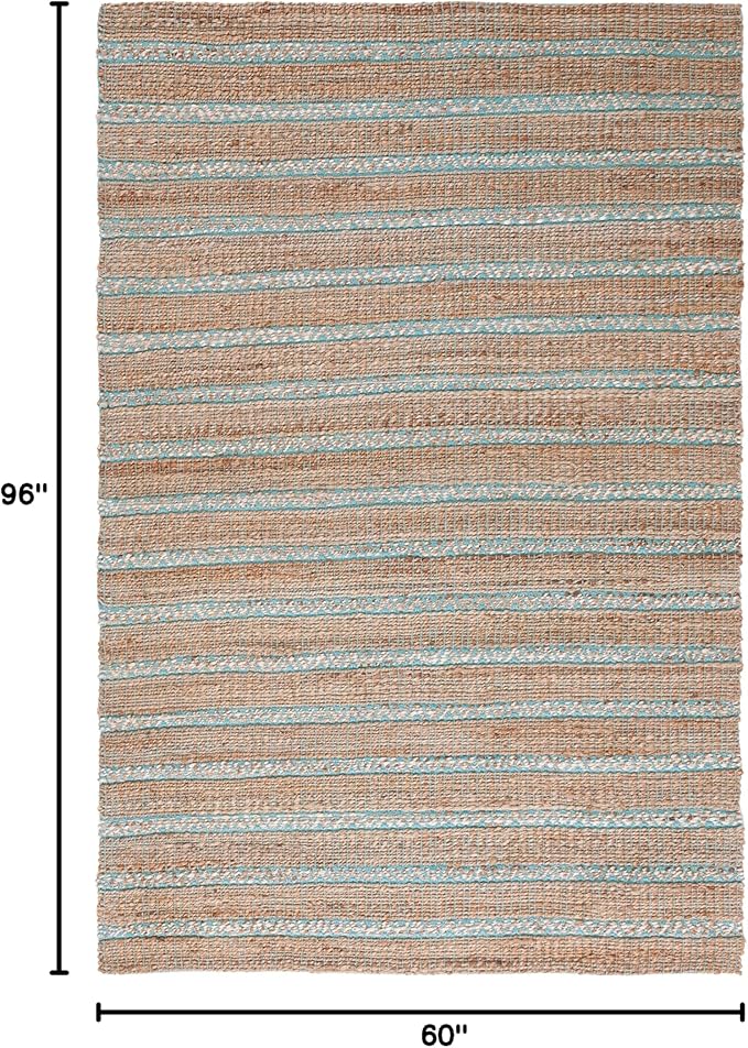 SAFAVIEH Natural Fiber Collection Area Rug - 5' x 8', Teal & Natural, Handmade Flat Weave Stripe Jute & Cotton Jute, Ideal for High Traffic Areas in Living Room, Bedroom (NFB655K)