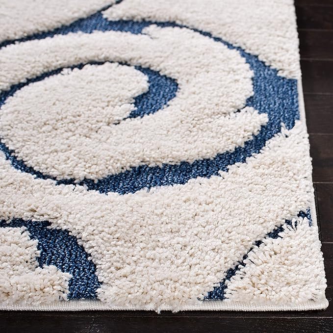 SAFAVIEH Florida Shag Collection Area Rug - 4' Square, Cream & Blue, Scroll Design, Non-Shedding & Easy Care, 1.2-inch Thick Ideal for High Traffic Areas in Living Room, Bedroom (SG455-1165)