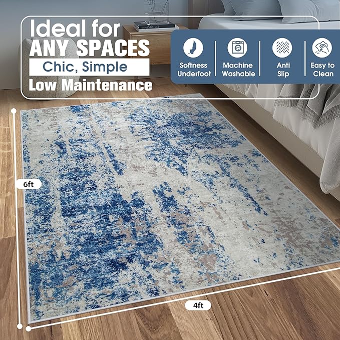 4x6 Area Rugs for Living Room Rug Washable: Abstract Rug for Dining Room Bedroom Carpet Non Slip 4 by 6 Indoor Modern Nursery Home Office Blue Grey White