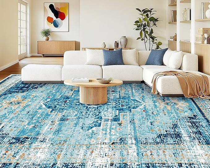 ANSSO 8x10 Rugs for Living Room, Large Washable Area Rugs with Non Slip Backing, Vintage Soft Low Pile Floor Mat Indoor for Bedroom, Dining Room Playroom Nursery (Aqua Blue)