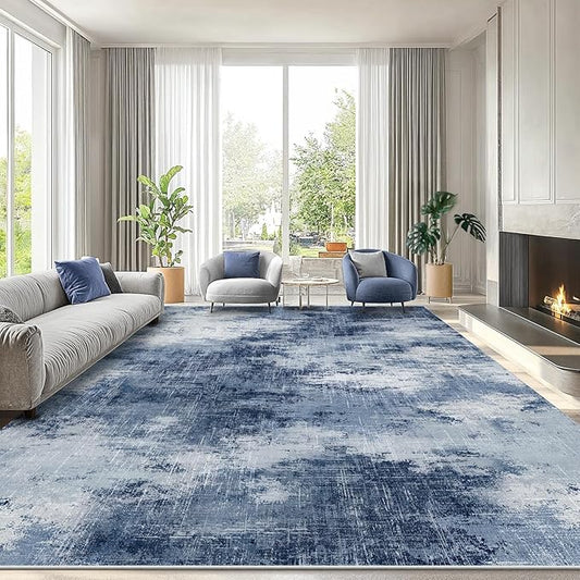 AMADA HOMEFURNISHING 8x10 Area Rugs, Modern Washable Living Room Rug with Non-Slip Backing & Short Pile, Large Rug with Abstract Pattern for Living Room, Bedroom and Dinning Room, Dark Blue
