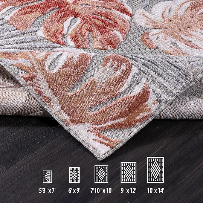 CAMILSON Indoor Outdoor Rug, Multi Color 6?셹9??Leaf Tropical Botanical Area Rugs for Indoor and Outdoor patios, Easy-Cleaning Non-Shedding Living Room, Garden and Kitchen Washable Outside Carpet (6x9)