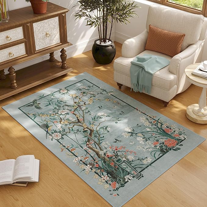 3x5 Washable Rug Chinoiserie-Style Floral Vintage Area Rug Non Slip Low Pile Small Carpet for Bedroom, Bedside, Kitchen, Entryway, Kids Room, Office, Blue