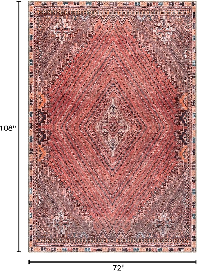 Bloom Rugs Washable Non-Slip 6' x 9' Rug - Red/Multicolor Traditional Bordered Area Rug for Living Room, Bedroom, Dining Room, and Kitchen - Exact Size: 6' x 9'
