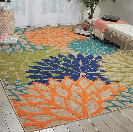Nourison Aloha Indoor/Outdoor Multicolor 9'6" x 13' Area Rug, Tropical, Botanical, Easy Clean, Non Shedding, Bed Room, Living Room, Dining Room, Deck, Backyard, Patio (9x13)