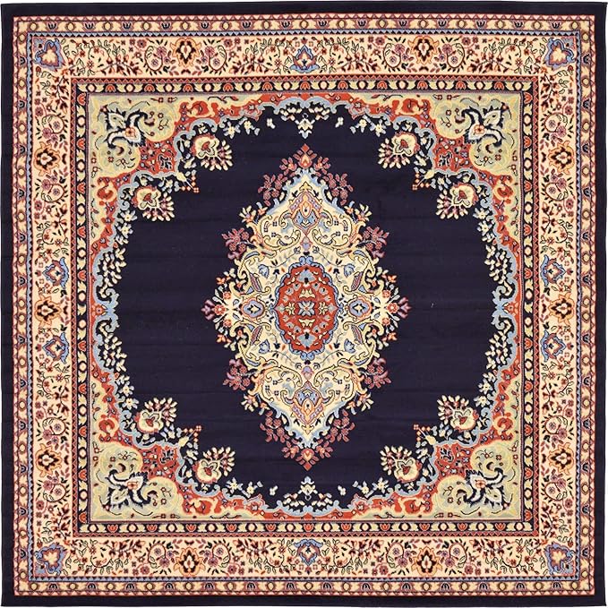 Unique Loom Reza Collection Traditional Persian Style Area Rug, 8' 0" x 8' 0", Navy Blue/Ivory