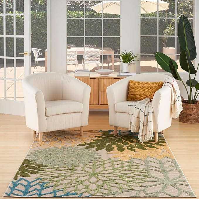 Nourison Home Aloha Tropical Indoor/Outdoor Green Multicolor 3'6" x 5'6" Area Rug, Easy Cleaning, Non Shedding, Bed Room, Living Room, Dining Room, Backyard, Deck, Patio (4x6)
