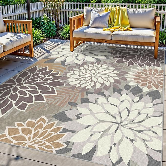 Indoor Outdoor Area Rug Washable Multicolored Patio Rug Tropical Botanical Modern Floral Indoor Outdoor Carpet Brown White Rug Non Slip Non Shedding for Patio, Deck, Backyard, Porch (8x10)
