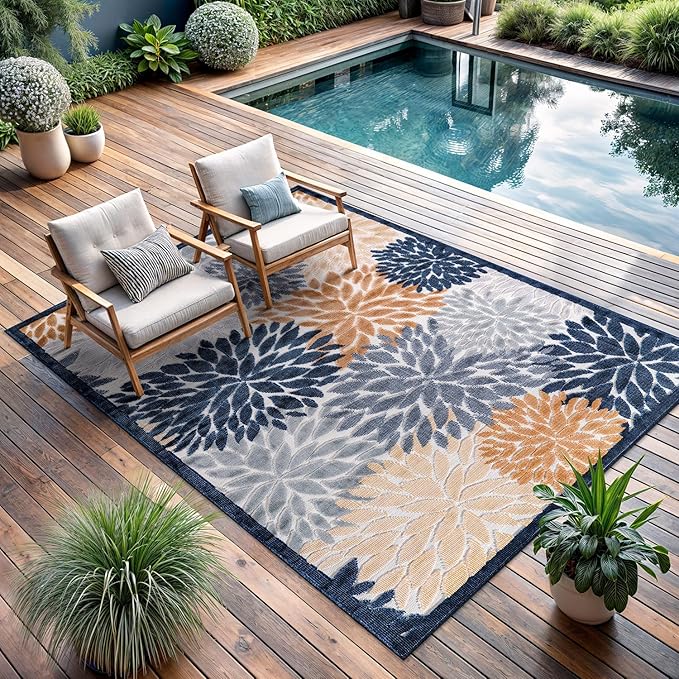 CAMILSON Indoor Outdoor Rug, Multicolor 9?셹12??Floral Exotic Tropical Area Rugs for Indoor and Outdoor patios, Easy-Cleaning Non-Shedding Living Room, Garden and Kitchen Washable Outside Carpet (9x12)