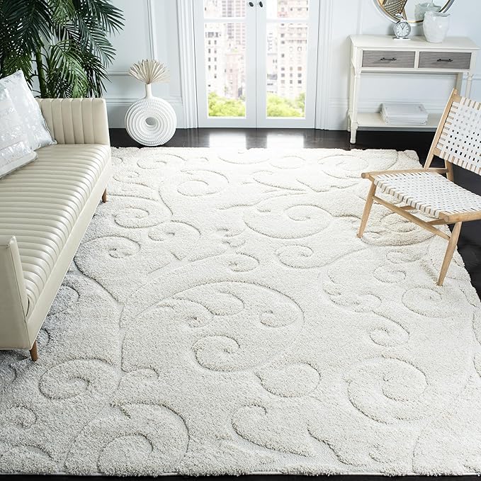 SAFAVIEH Area Rug 8x10 - Florida Shag Collection - Large - Creme & Creme, Scroll Design, Non-Shedding & Easy Cleaning, Plush Thick Pile, Ideal for Living Room, Bedroom, Dining Space (SG455-1111)