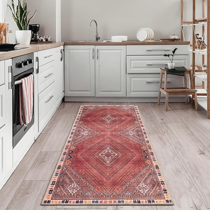 Bloom Rugs Washable Non-Slip 12 ft Runner - Red/Multicolor Traditional Bordered Runner for Entryway, Hallway, Bathroom, and Kitchen - Exact Size: 2.5' x 12'
