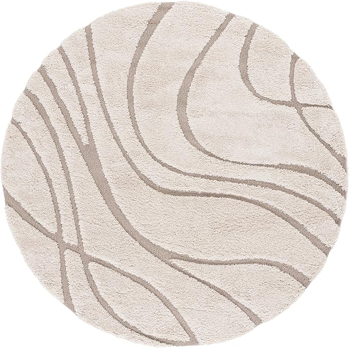 SAFAVIEH Florida Shag Collection 11' Round Cream/Beige SG471 Abstract Wave Non-Shedding Living Room Bedroom Dining Room Entryway Plush 1.2-inch Thick Area Rug