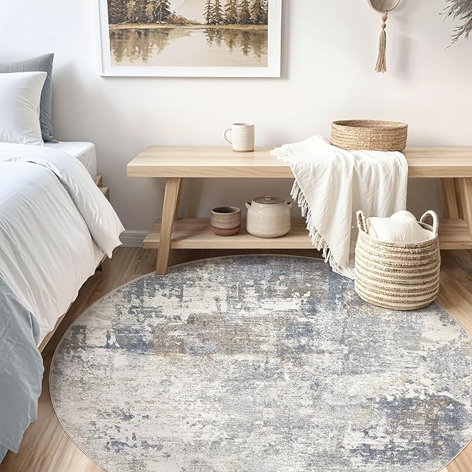 8ft Round Area Rug Living Room Rugs - 8x8 Washable Neutral Modern Abstract Soft Thin Rug Indoor Floor No Slip Rug Carpet for Bedroom Under Dining Table Home Office Decor - Blue Grey