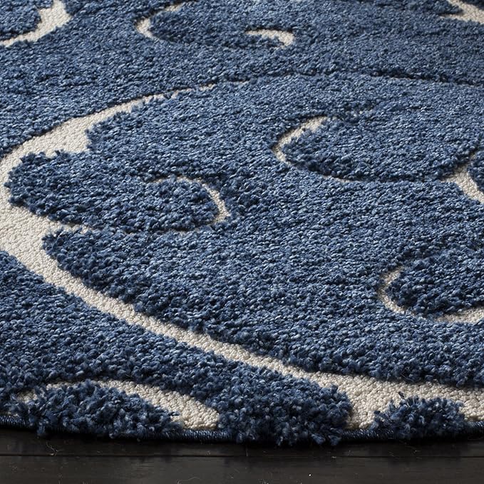 SAFAVIEH Florida Shag Collection Area Rug - 11' Round, Dark Blue & Cream, Scroll Design, Non-Shedding & Easy Care, 1.2-inch Thick Ideal for High Traffic Areas in Living Room, Bedroom (SG455-6511)