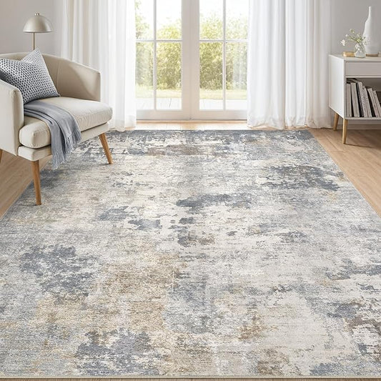 Abstract Living Room Rug 7x9 - Modern Washable Soft Thin Area Rug for Living Room Bedroom Under Dining Table - Neutral Indoor Floor Rug Carpets for Home Office Playroom Nursery - Blue Gold