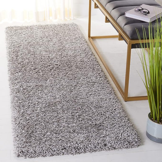 SAFAVIEH Santa Monica Shag Collection 2'3" x 7' Silver SGN725 Solid Non-Shedding Living Room Bedroom Dining Room Entryway Plush 2-inch Thick Runner Rug
