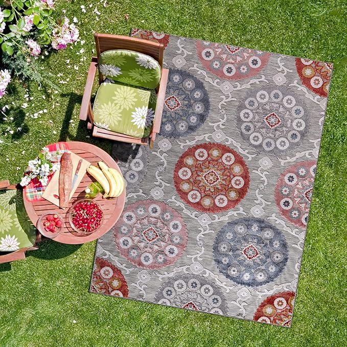 CAMILSON Indoor Outdoor Rug 10x14 Bohemian Medallion Floral Area Rugs for Indoor and Outdoor Patios Easy-Cleaning Non-Shedding Living Room Garden and Kitchen Washable Outside Carpet (10x14-Multicolor)